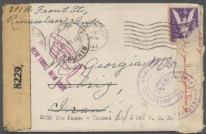 1944 cover to Tabriz Iran franked with Win the War 3c tied by RENSSELAER, IND. Apr 27 duplex, ANGLO-SOVIET-PERSIAN CENSORSHIP violet handstamp partly obscured by Arabic censor tape, which in turn is tied by SOVETSKO ANGLO-IRANSKAYA TSENZURA 10 violet handstamp, indistinct Jun 6 bkstp, forwarded to Kansas City with TAURIS Jul 24 cds, EXAMINED BY 8229 transparent censor tape, finally RETURNED TO SENDER handstamp of New York with NEW YORK Nov 14 bkstp, with original enclosure, remarkable odyssey, Fine.